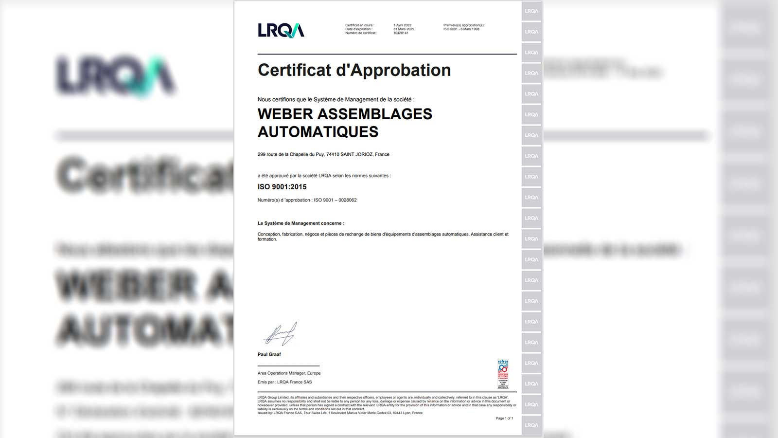Certificat D'Approbation WEBER Assemblages Automatiques