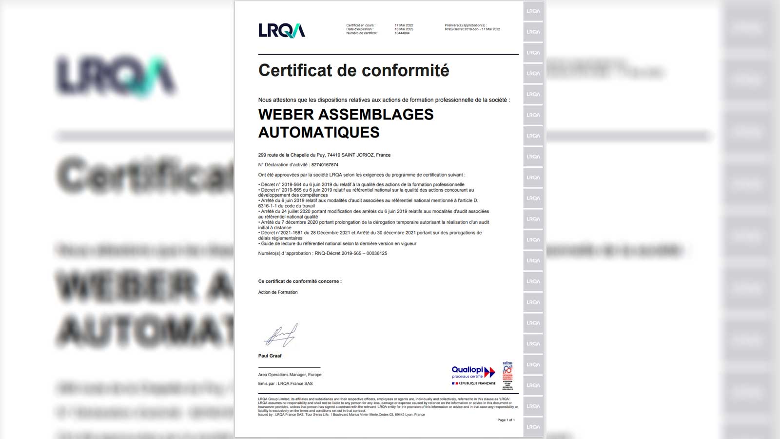 Certificat De Conformite WEBER Assemblages Automatiques